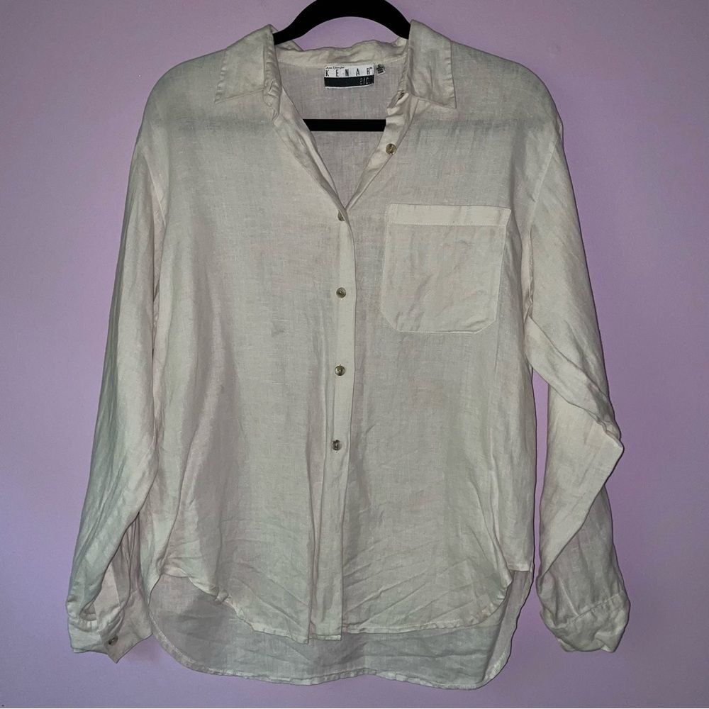 Kenar Size S White Linen Top Button Up Collar Blouse Coastal Lagenlook Minimal
